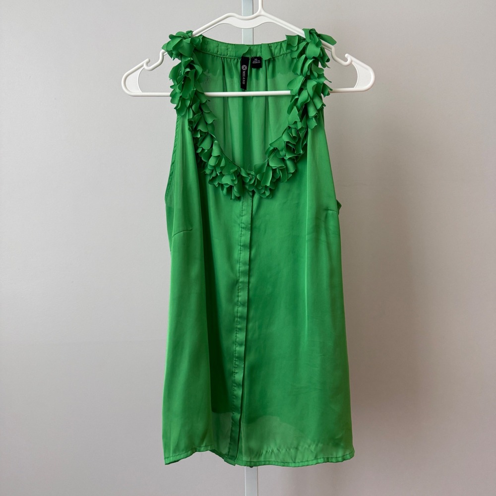 Milano Office Siren Dainty Ruffle Petal Neck Sleeveless Blouse XL Green